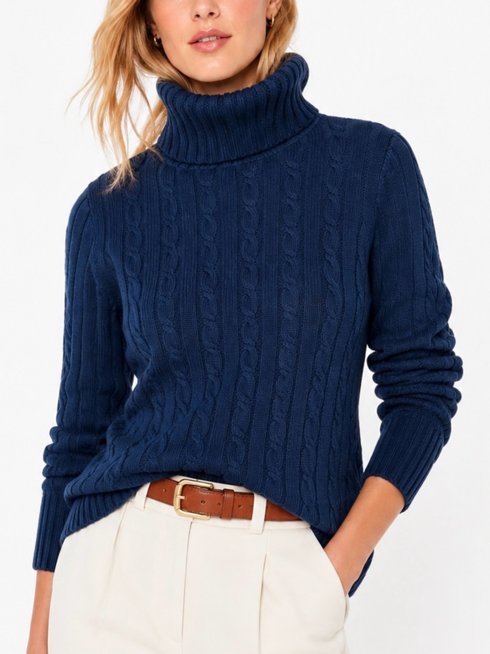 J. Crew Cable Knit Sweater Turtleneck L Wool Blend Deep Teal Blue Fisherman Prep